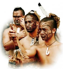 Maori People with face tattoos to signify their high place in society.